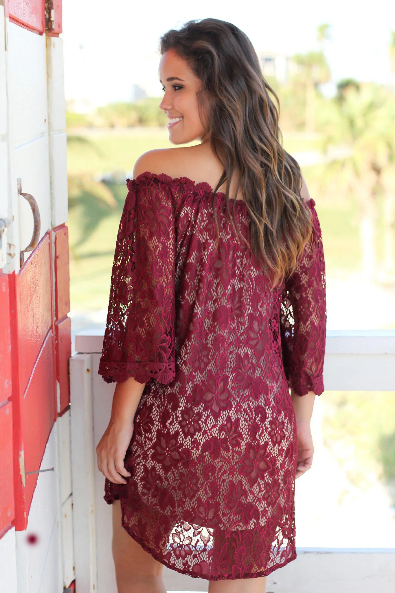 Burgundy Lace Off Shoulder Short Dress