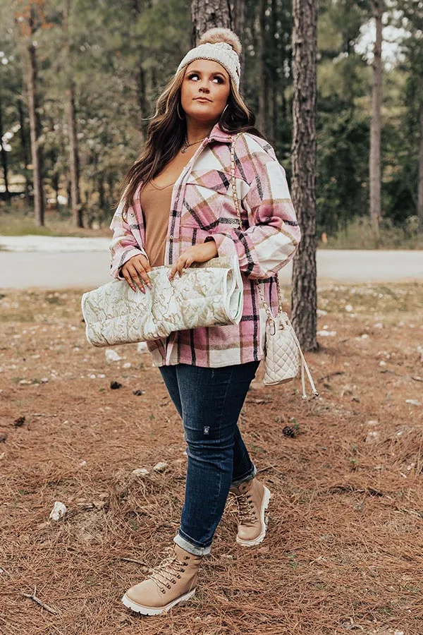 Cabin So Cozy Plaid Jacket In Blush Curves