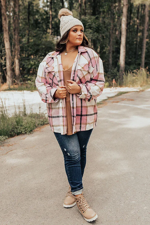 Cabin So Cozy Plaid Jacket In Blush Curves