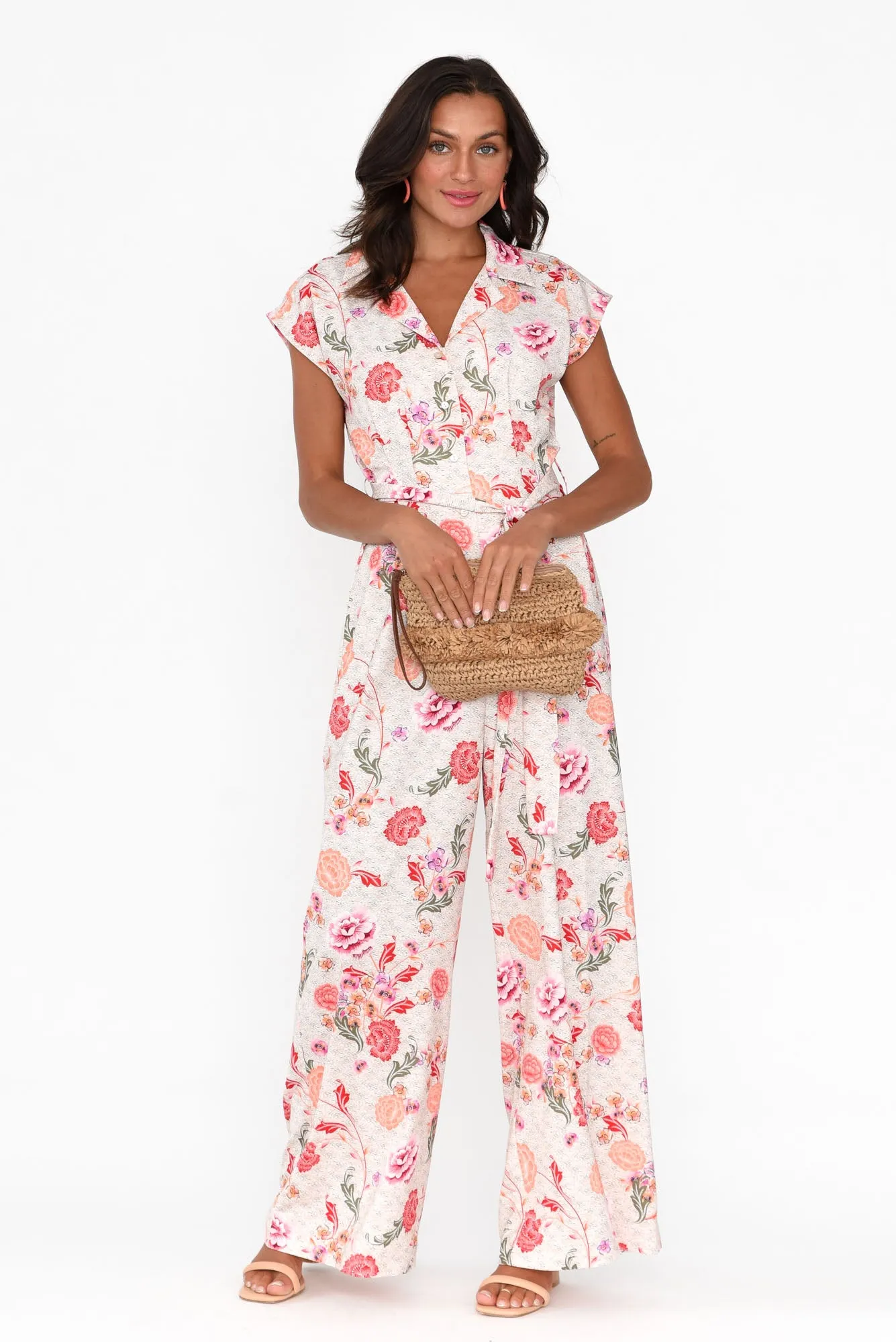 Chiara Pink Bloom Satin Wide Leg Jumpsuit