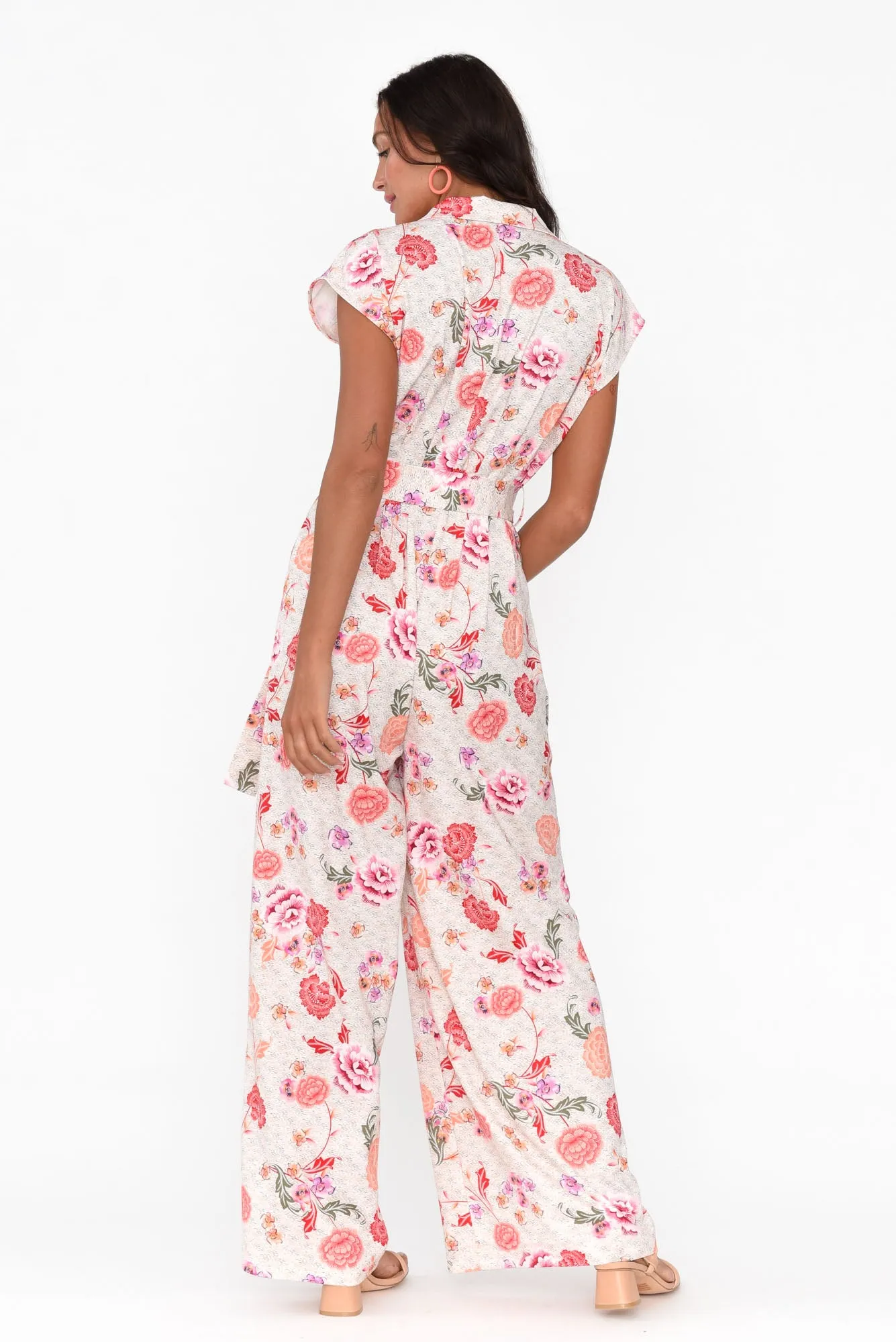 Chiara Pink Bloom Satin Wide Leg Jumpsuit