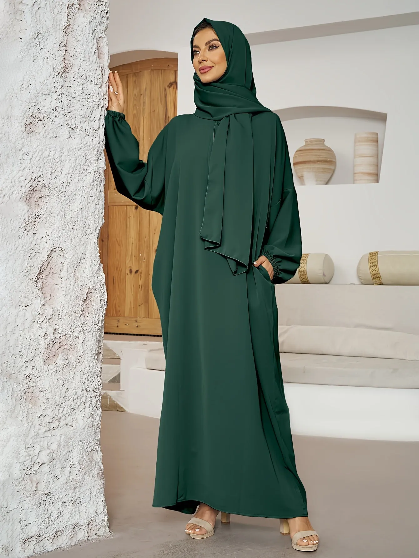 Chic Solid Color Kaftan Dress with Integrated Headscarf - Elegant Long Sleeve Maxi for Women - Flattering, Flowy, and Alluring Style