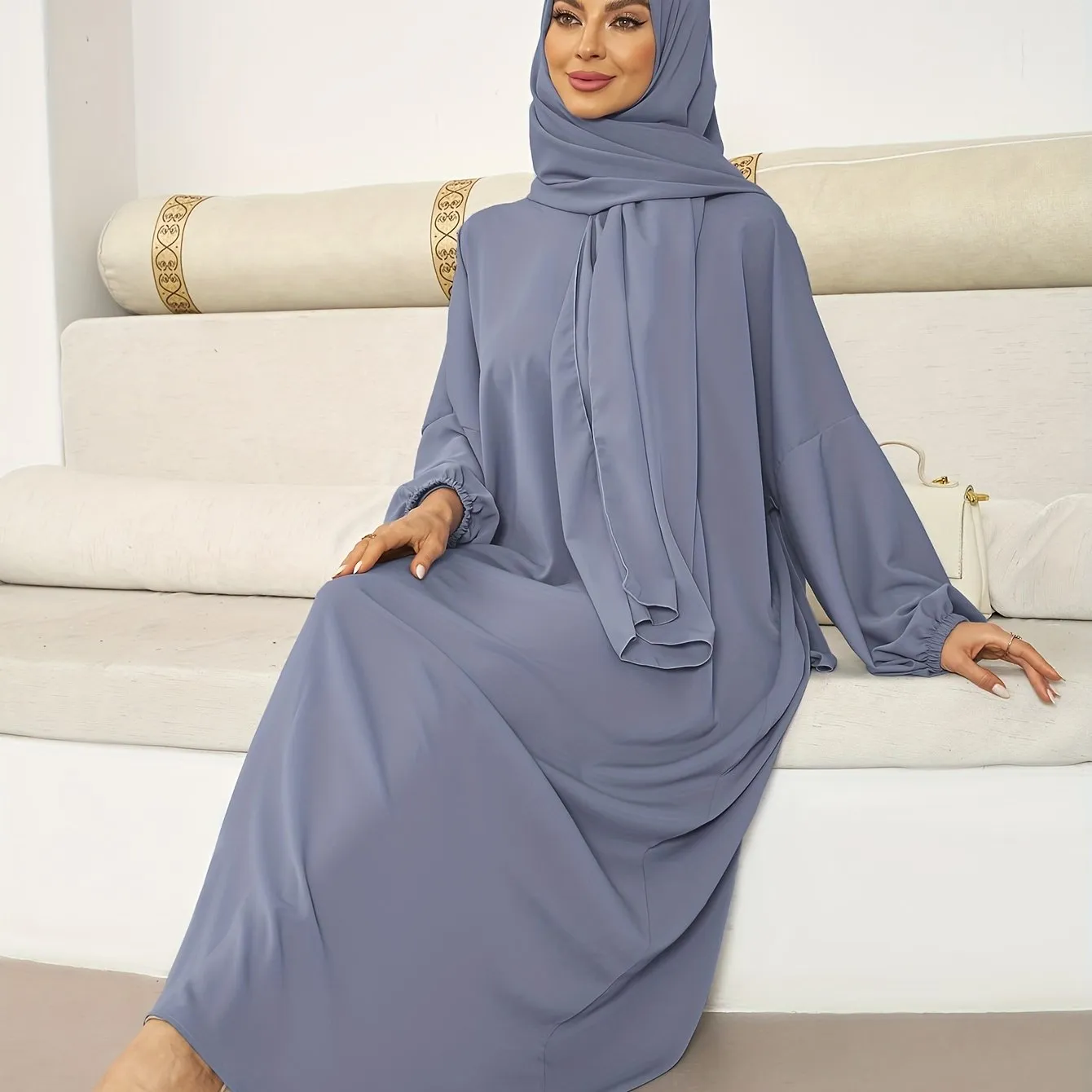 Chic Solid Color Kaftan Dress with Integrated Headscarf - Elegant Long Sleeve Maxi for Women - Flattering, Flowy, and Alluring Style