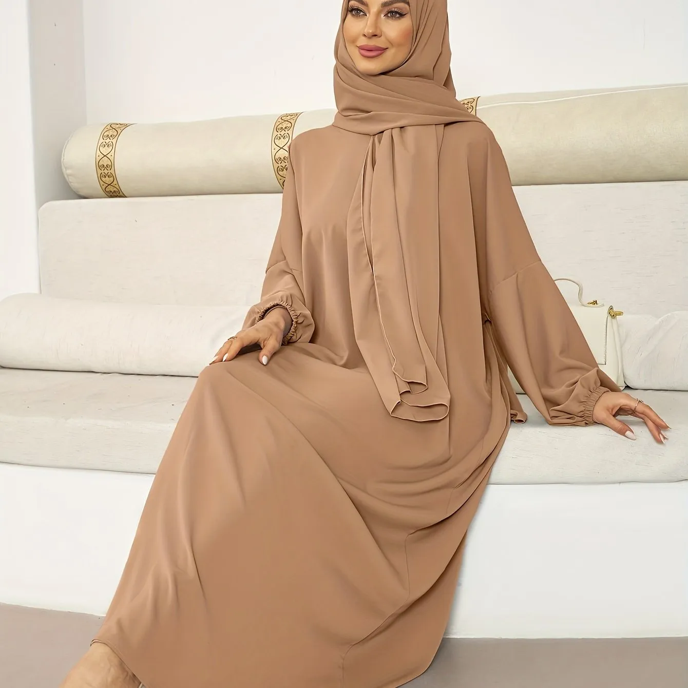 Chic Solid Color Kaftan Dress with Integrated Headscarf - Elegant Long Sleeve Maxi for Women - Flattering, Flowy, and Alluring Style