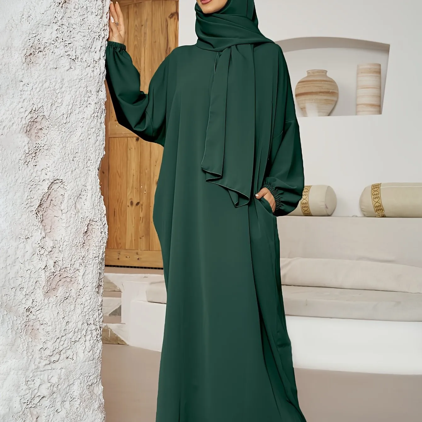 Chic Solid Color Kaftan Dress with Integrated Headscarf - Elegant Long Sleeve Maxi for Women - Flattering, Flowy, and Alluring Style