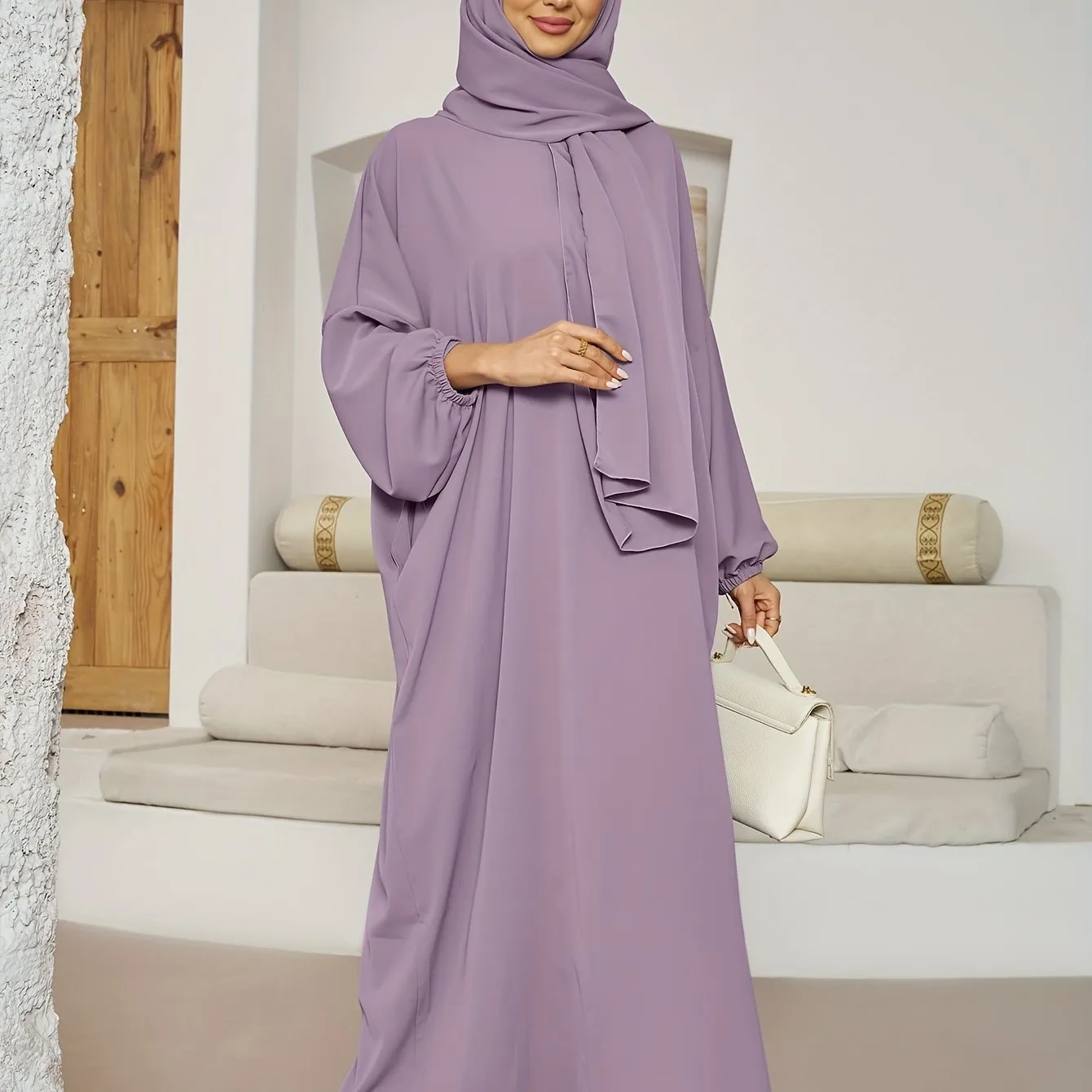 Chic Solid Color Kaftan Dress with Integrated Headscarf - Elegant Long Sleeve Maxi for Women - Flattering, Flowy, and Alluring Style