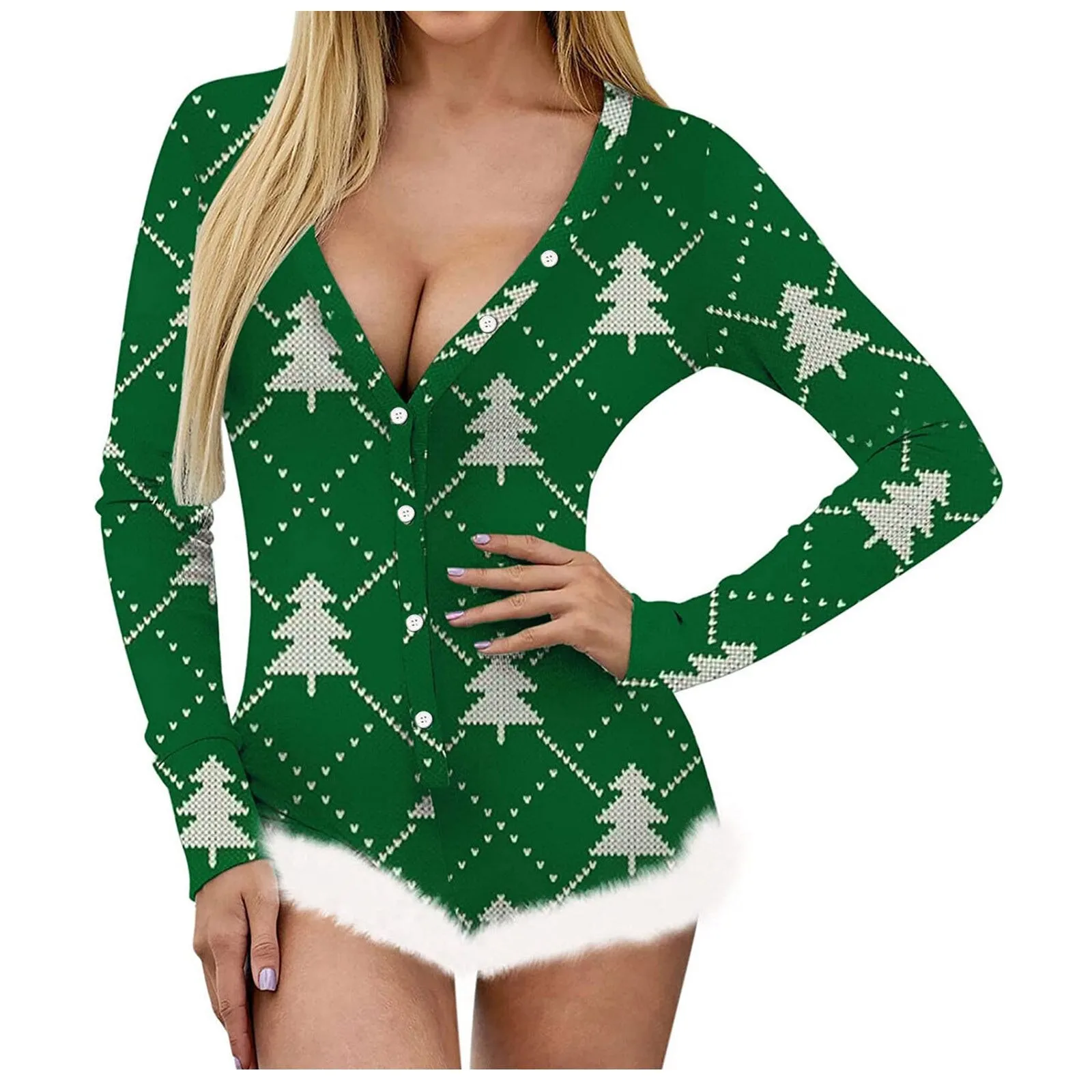 Christmas Onesie Women Winter Long Sleeve Christmas Print Faux Fur Romper Ladies Comfy Bodysuit Jumpsuit Playsuit Pajamas Pyjama