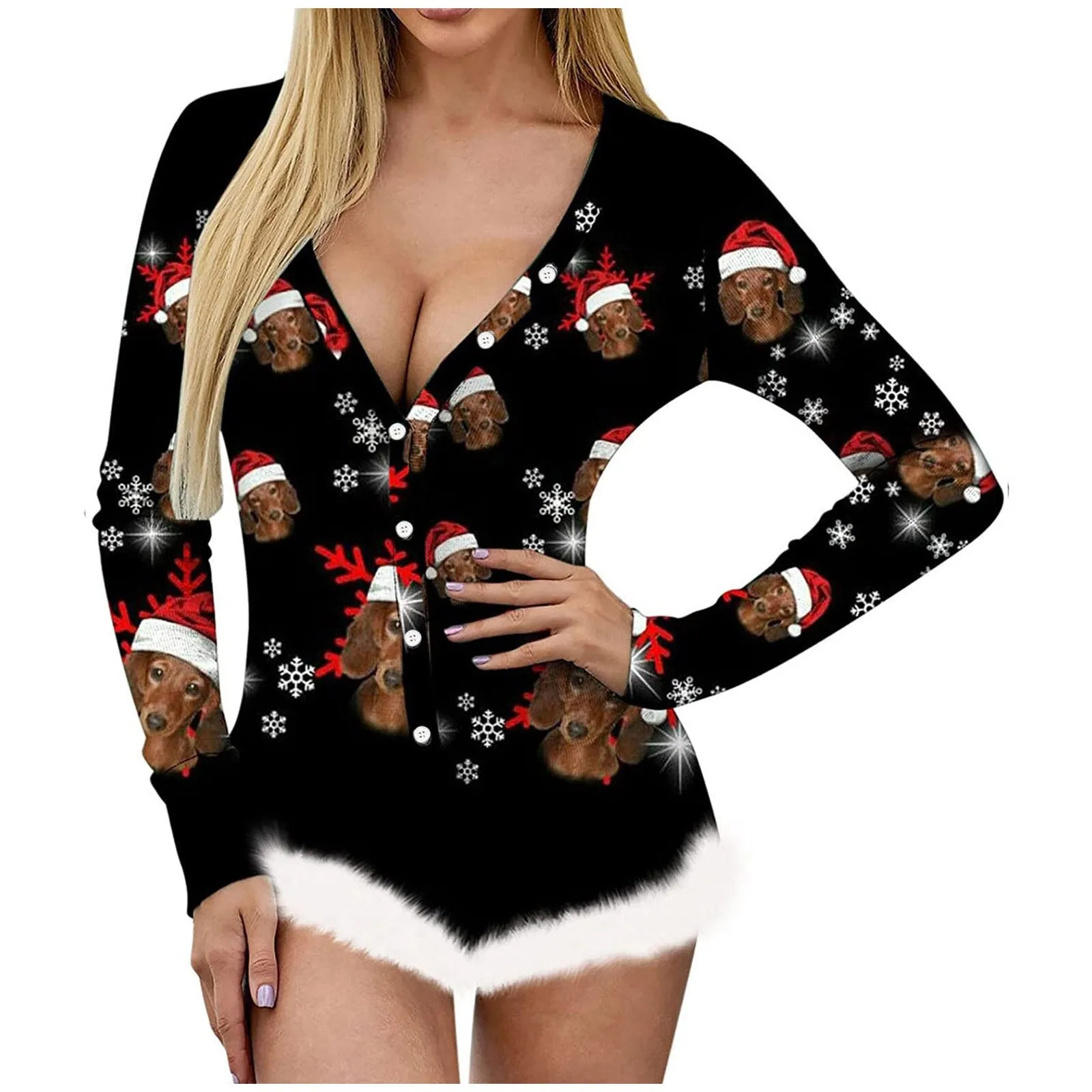 Christmas Onesie Women Winter Long Sleeve Christmas Print Faux Fur Romper Ladies Comfy Bodysuit Jumpsuit Playsuit Pajamas Pyjama