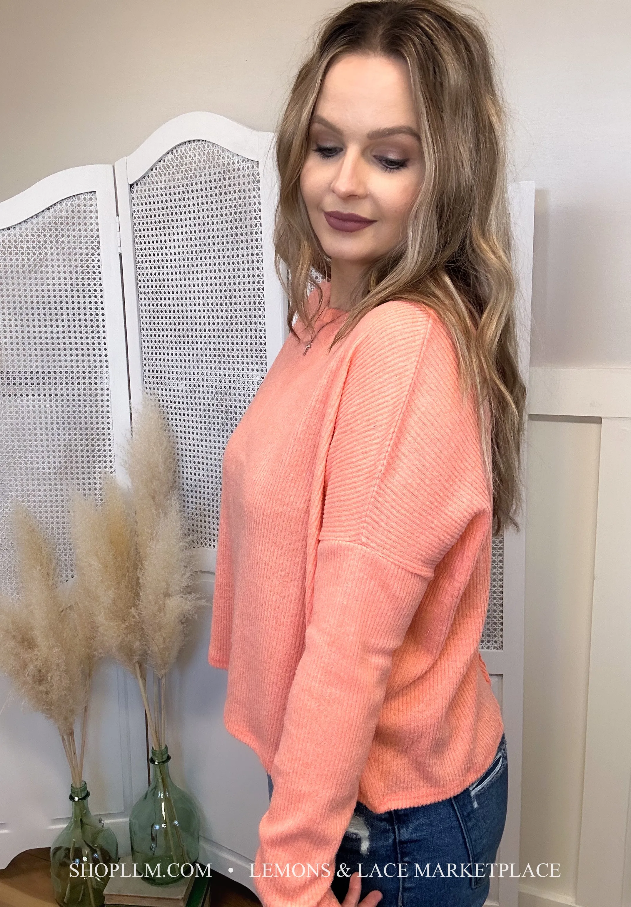 Coral Ribbed Dolman Sweater