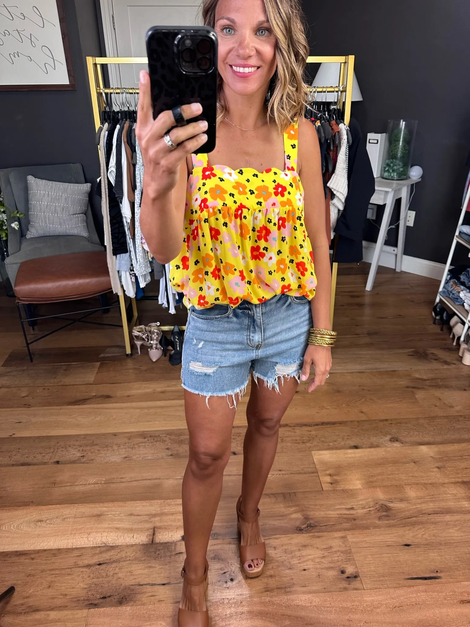 Couldn't Be Happier Floral Flowy Top With Scallop Detail - Yellow