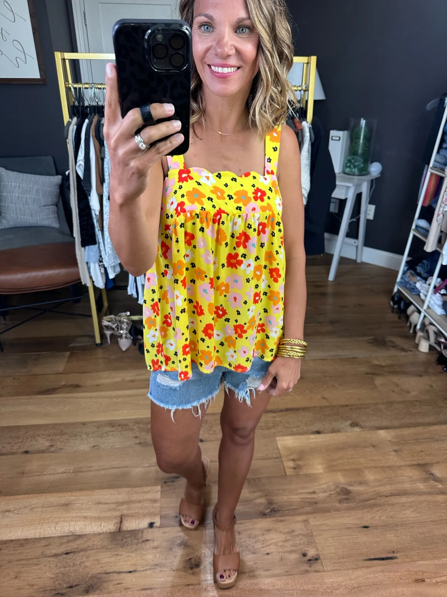 Couldn't Be Happier Floral Flowy Top With Scallop Detail - Yellow