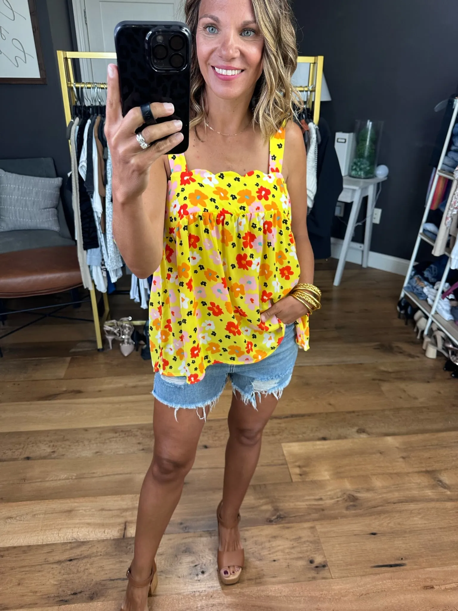 Couldn't Be Happier Floral Flowy Top With Scallop Detail - Yellow