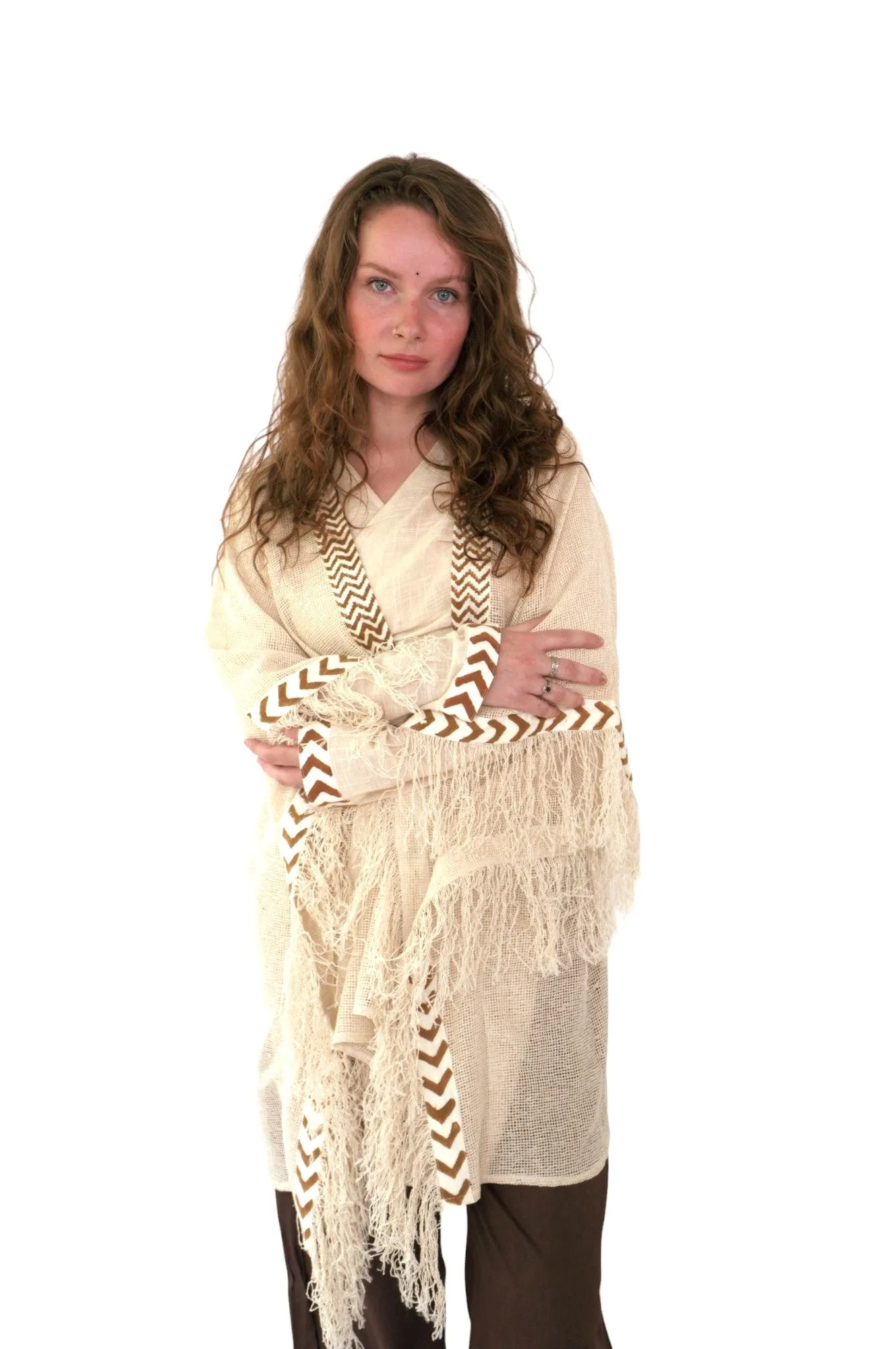 Cream Mesh Open Poncho with Fringe