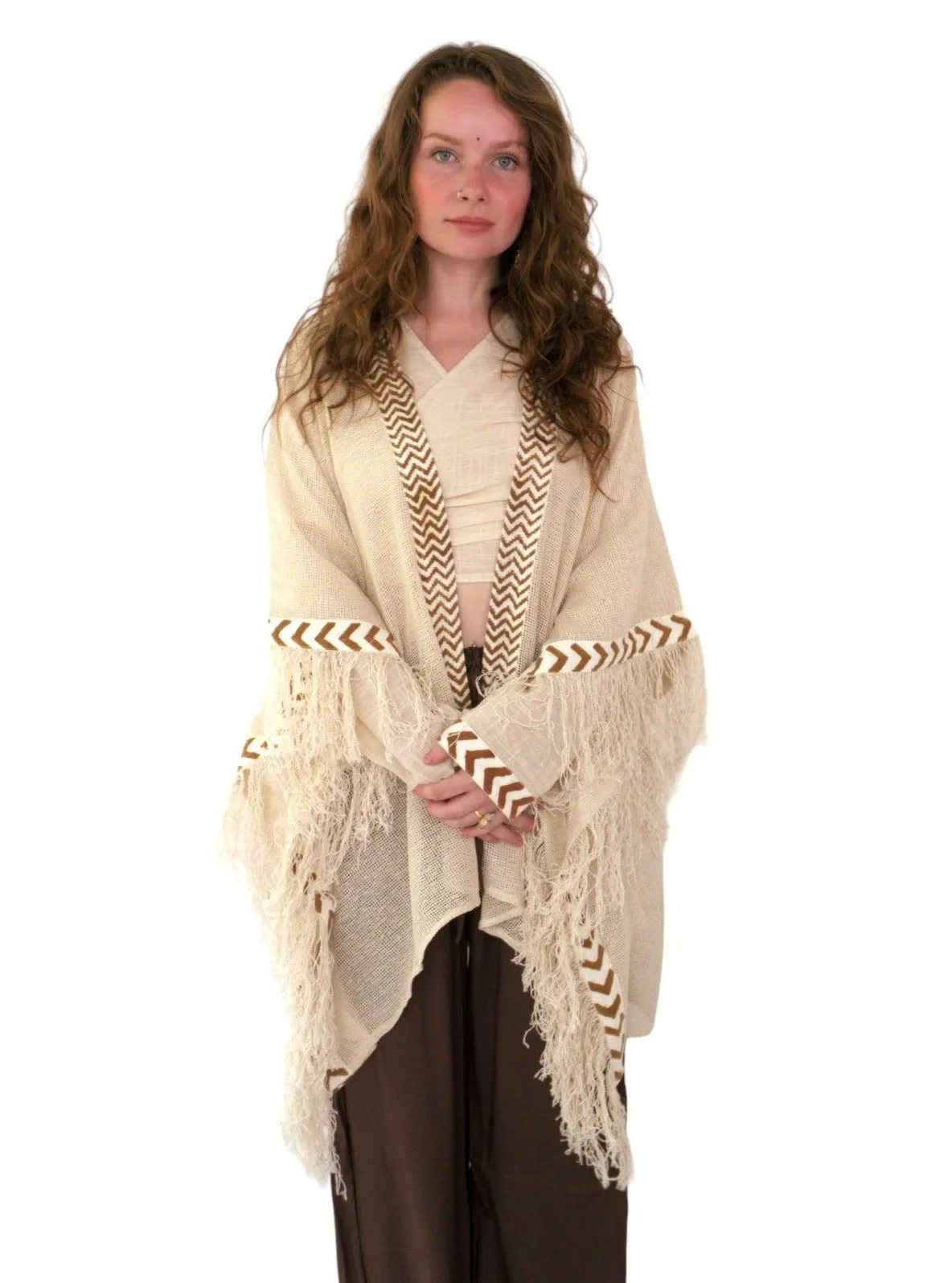 Cream Mesh Open Poncho with Fringe