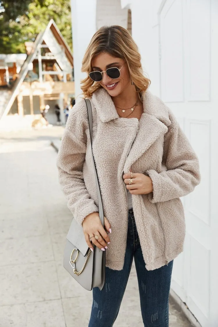 Diagonal Zipper Double Plush Coat