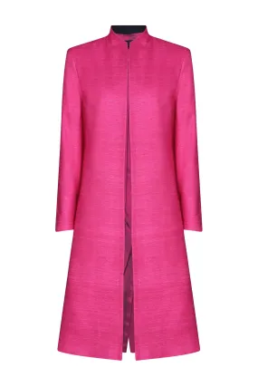 Dress Coat in Fuchsia and Navy Slubbed Silk Tussar - Leila