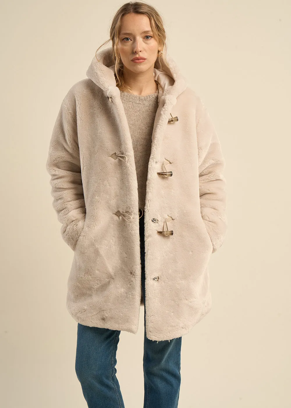 Duffle-coat en fausse fourrure à capuche