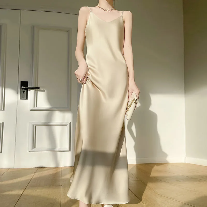 Elegant Ivory Satin Slip Sleek Dress