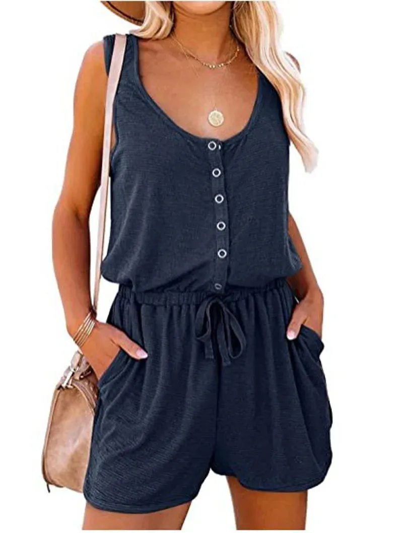 European and American Women's Summer Cross-Border New Sleeveless Jumpsuit With Waist Tied Casual Loose Wide leg Shorts