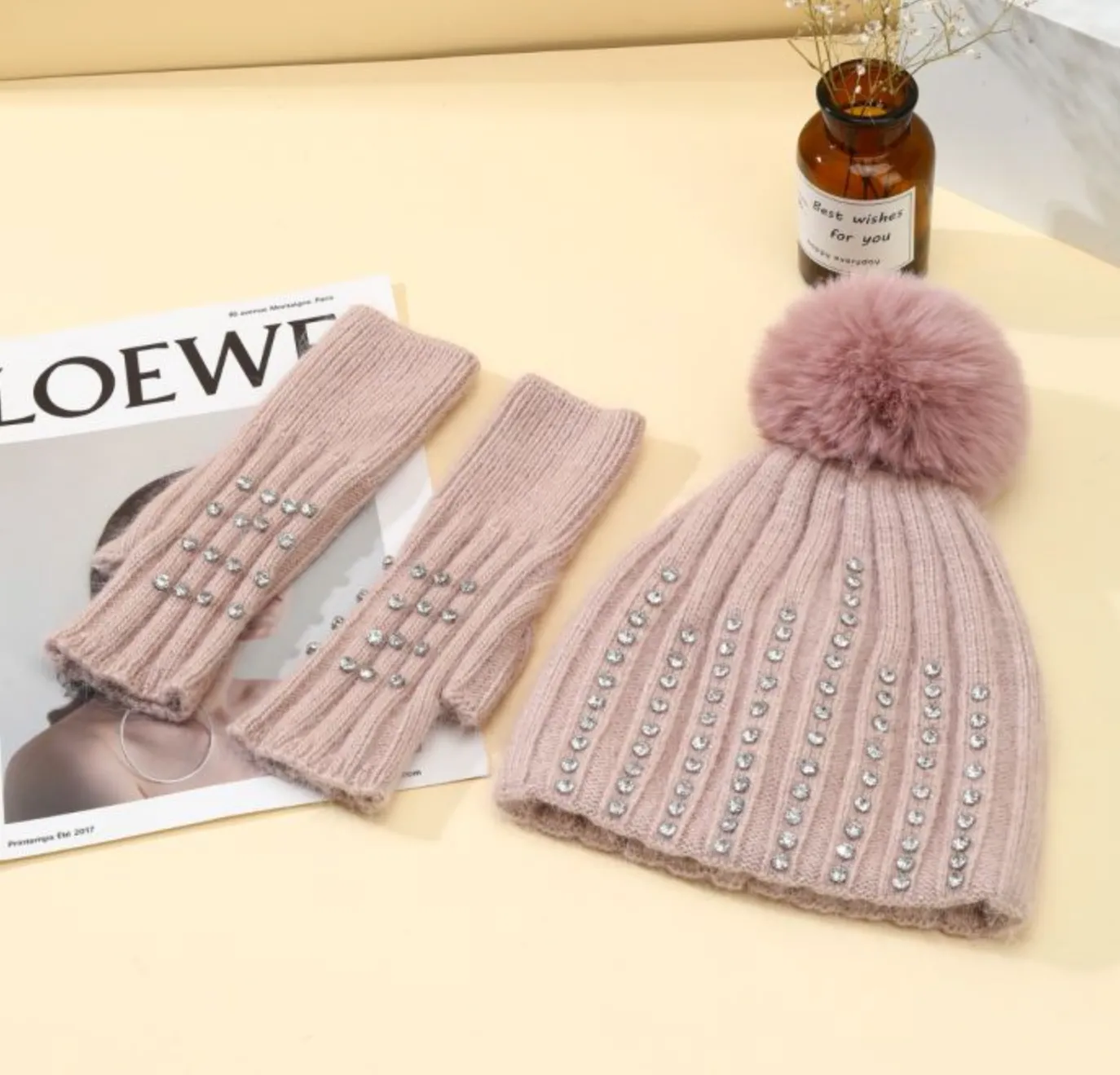 Faux Fur Pop Pom Hat With Rhinestones - Baby Pink