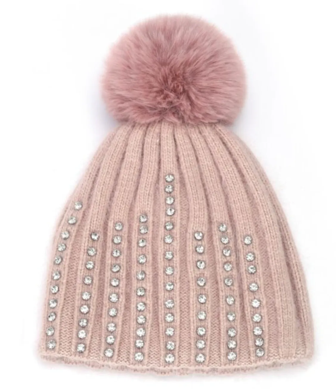 Faux Fur Pop Pom Hat With Rhinestones - Baby Pink