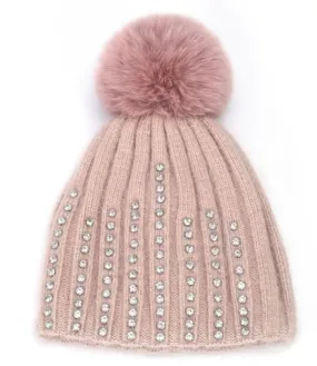 Faux Fur Pop Pom Hat With Rhinestones - Baby Pink