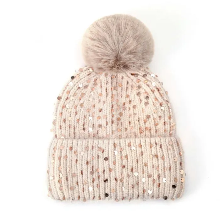 Faux Fur Pop Pom Hat With Sequins - Beige