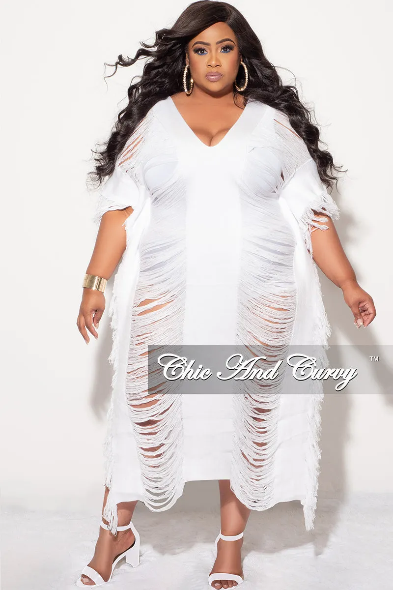 Final Sale Plus Size Distressed Sweater Midi Fringe Dress in White