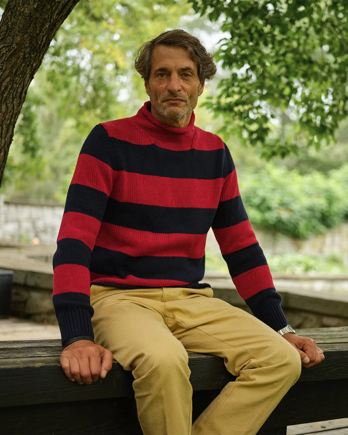 Fisherman's Sweater in Navy/Burgundy Stripe