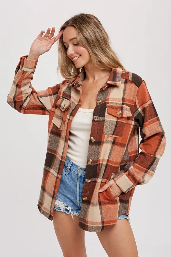 Flannel Taupe Plaid Shacket with Pockets