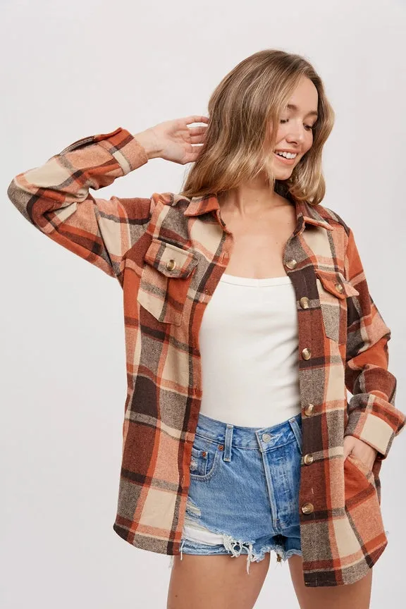 Flannel Taupe Plaid Shacket with Pockets