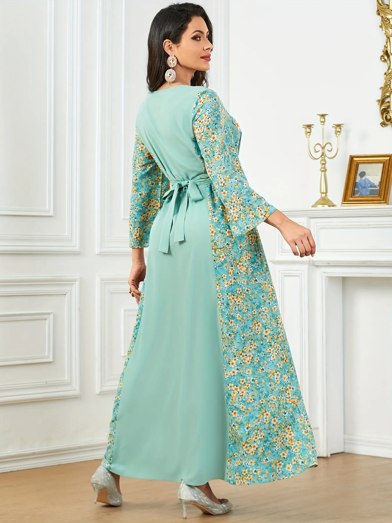 Floral Embroidered Tie Back Maxi Dress - Exquisitely Embroidered, Adjustable Tie Back, Comfortable Long Sleeves, Classic Square Neckline, Flowy Swing Design - Elegant Womens Clothing for Formal Occasions or Everyday Wear