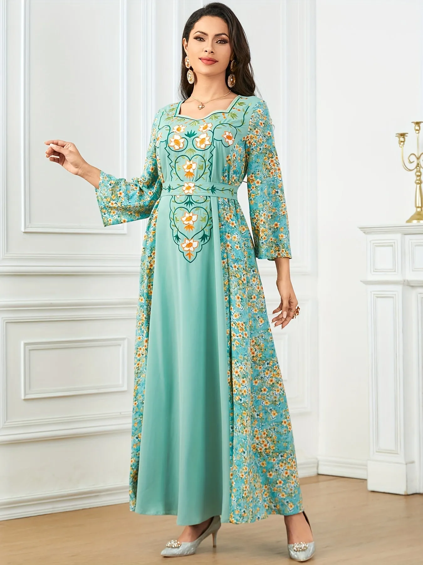 Floral Embroidered Tie Back Maxi Dress - Exquisitely Embroidered, Adjustable Tie Back, Comfortable Long Sleeves, Classic Square Neckline, Flowy Swing Design - Elegant Womens Clothing for Formal Occasions or Everyday Wear