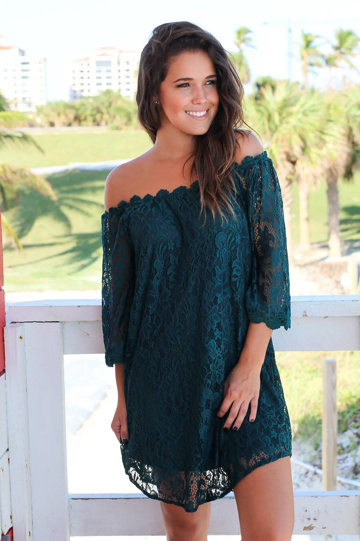 Forest Green Lace Off Shoulder Short Dress