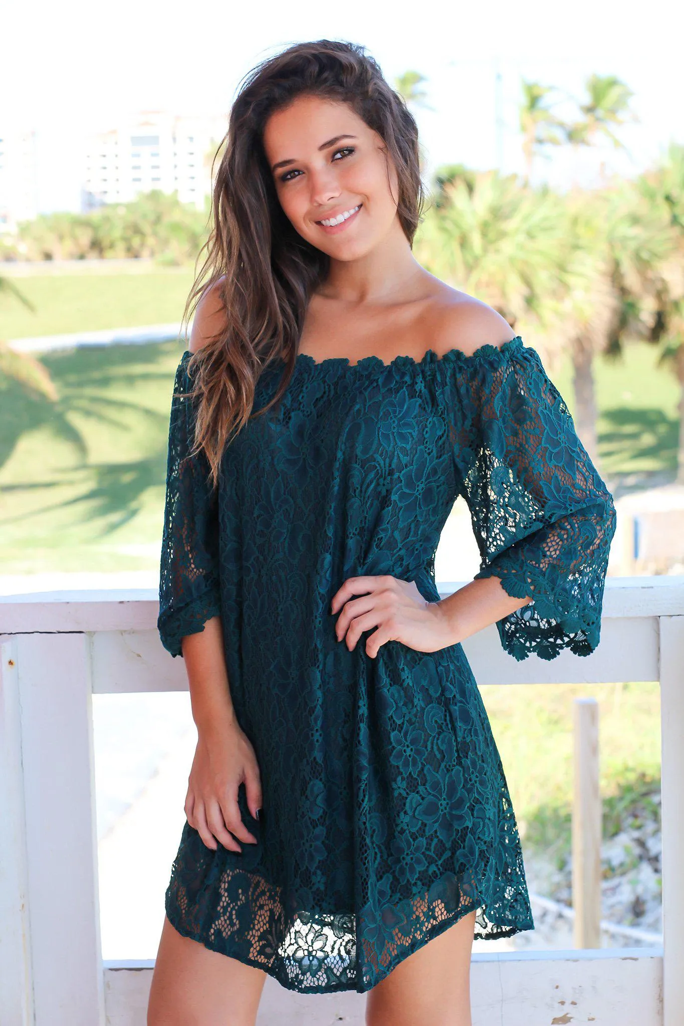 Forest Green Lace Off Shoulder Short Dress