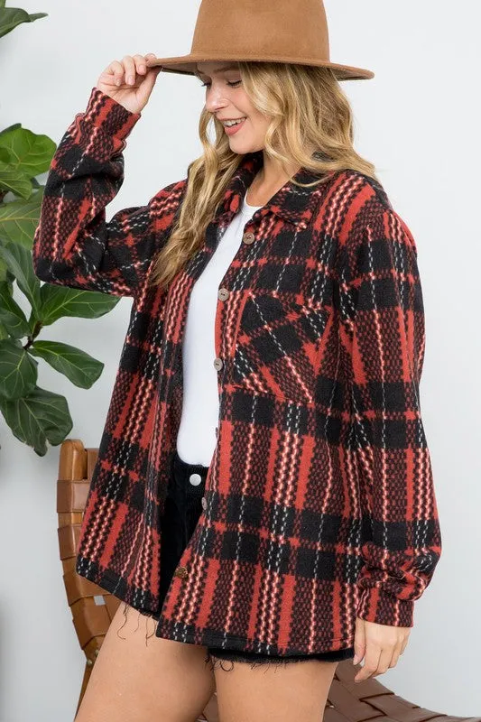 FUZZY PLAID BUTTON DOWN SHACKET