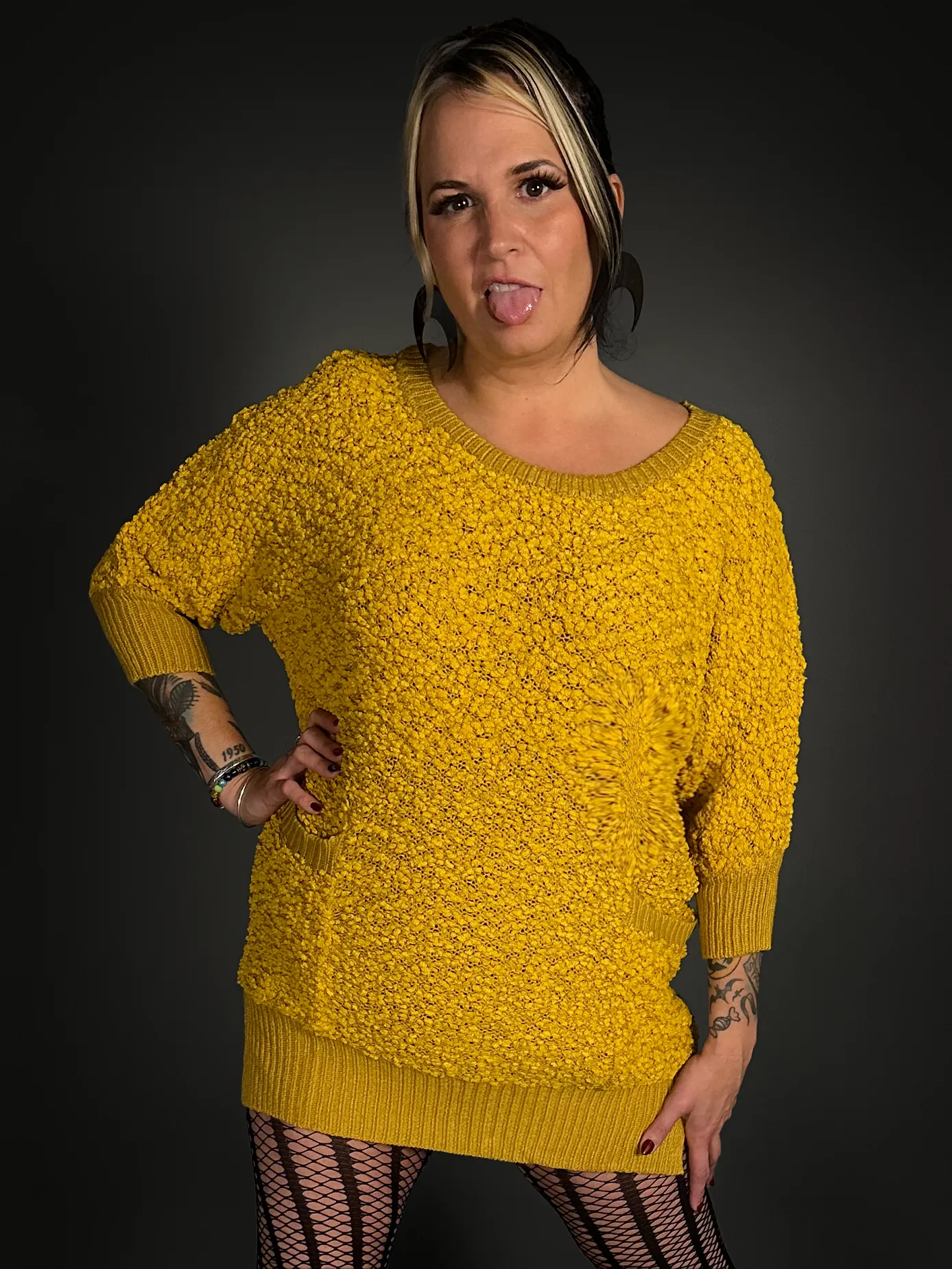 Fuzzy Short Indie Sweater Dress with Pockets in Mustard Yellow