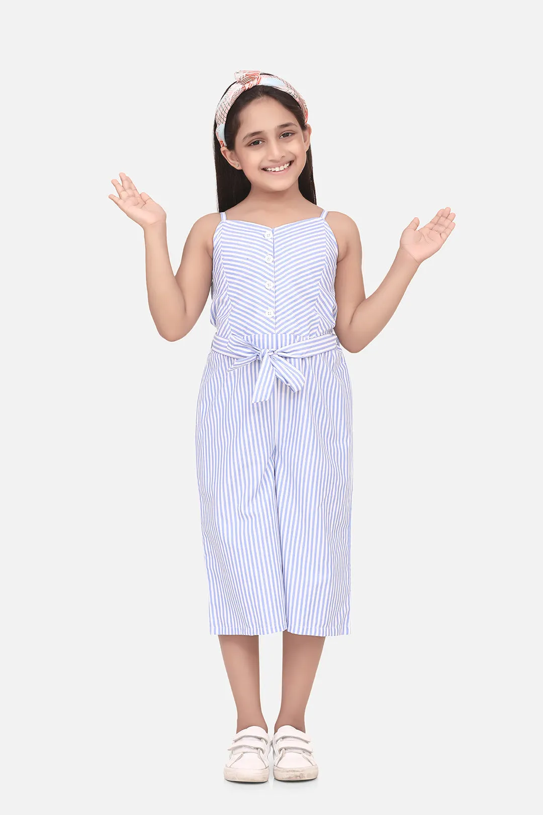 Girl's  Cotton Blend Blue Stripe 3/4Th Jumpsuit - StyleStone Kid