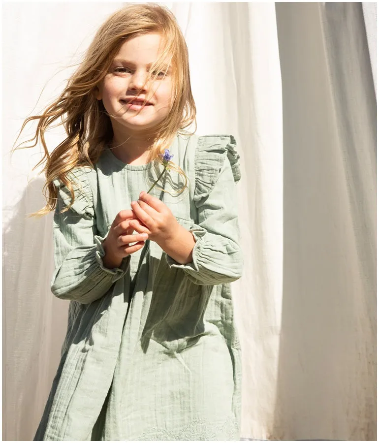 Girl's Long-sleeved Muslin Charlotte Dress - Matcha