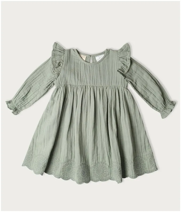 Girl's Long-sleeved Muslin Charlotte Dress - Matcha