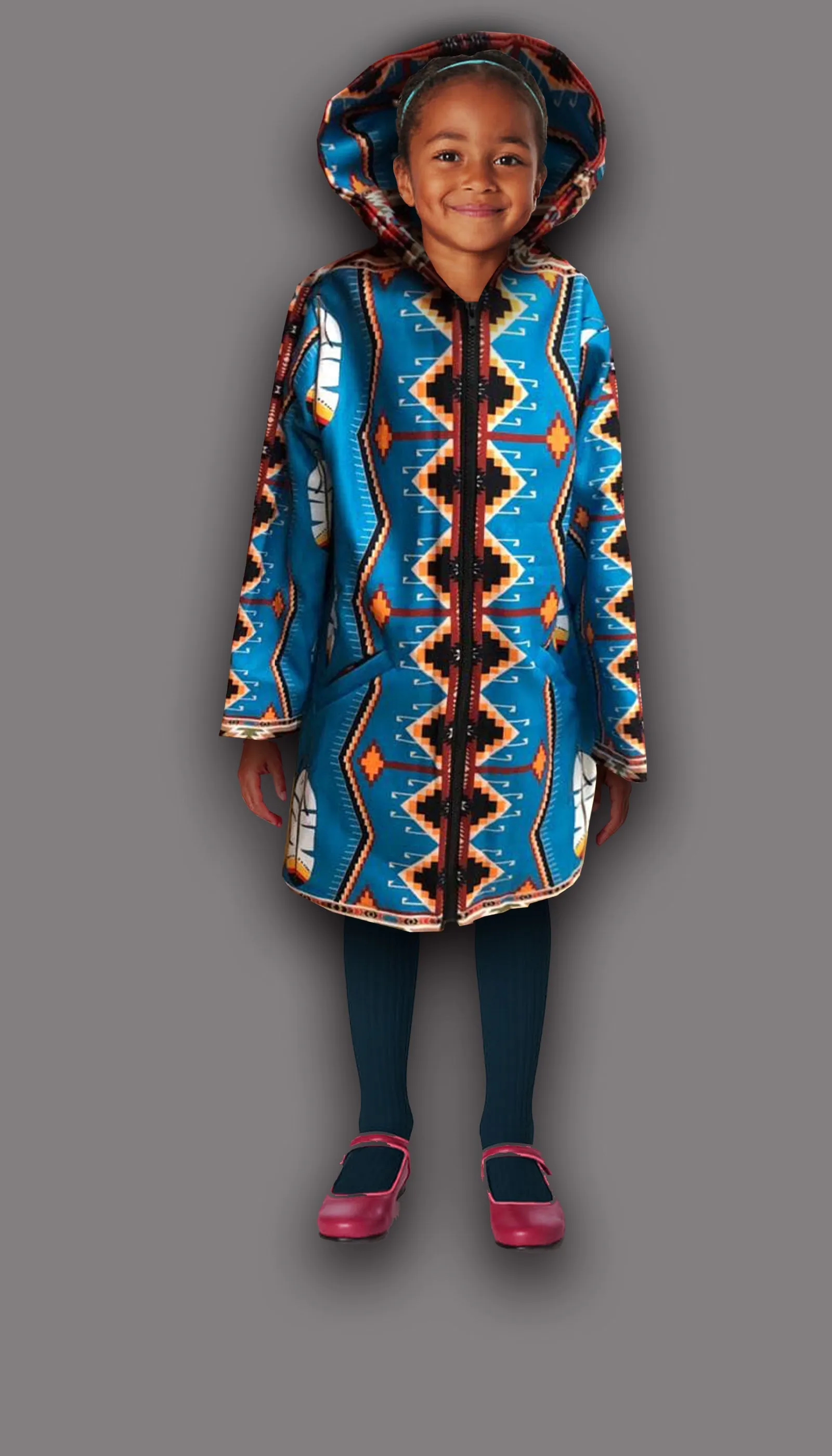 Girls Native  Print Overcoat (feather)