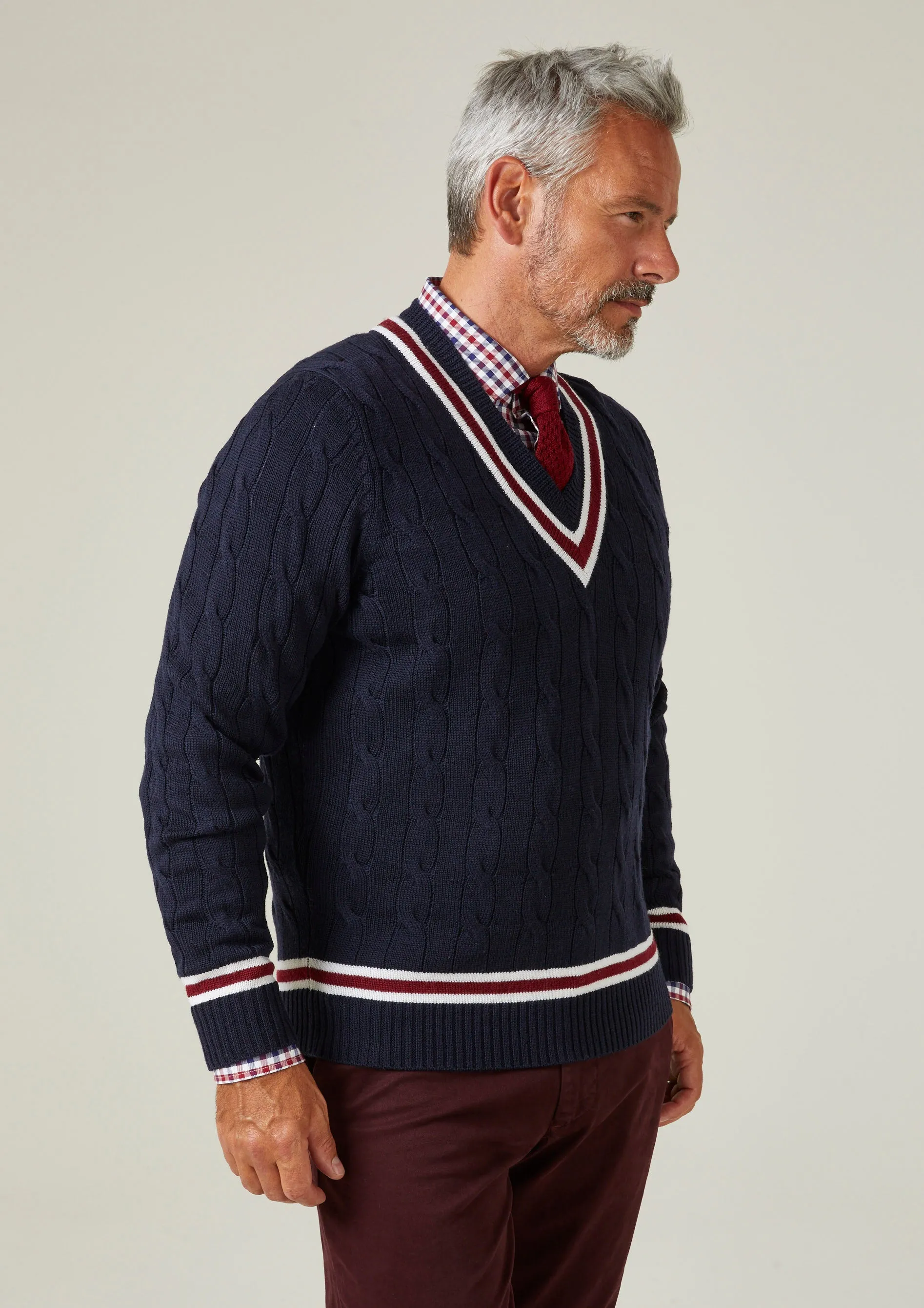 Grafton Men's Merino Wool Cable Cricket Jumper In Dark Navy - Regular Fit