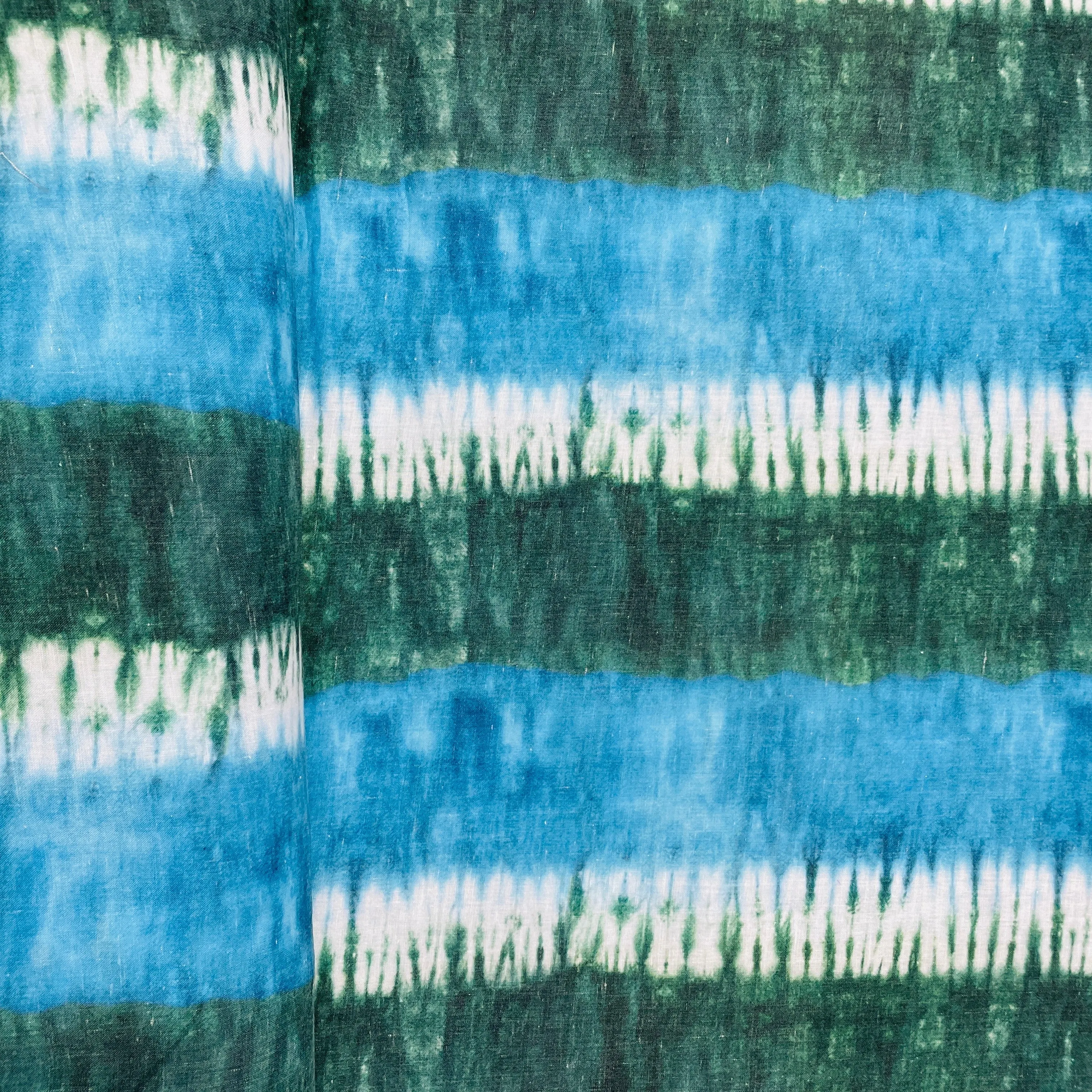 Green & Blue Tie & Dye Print Mulmul Fabric