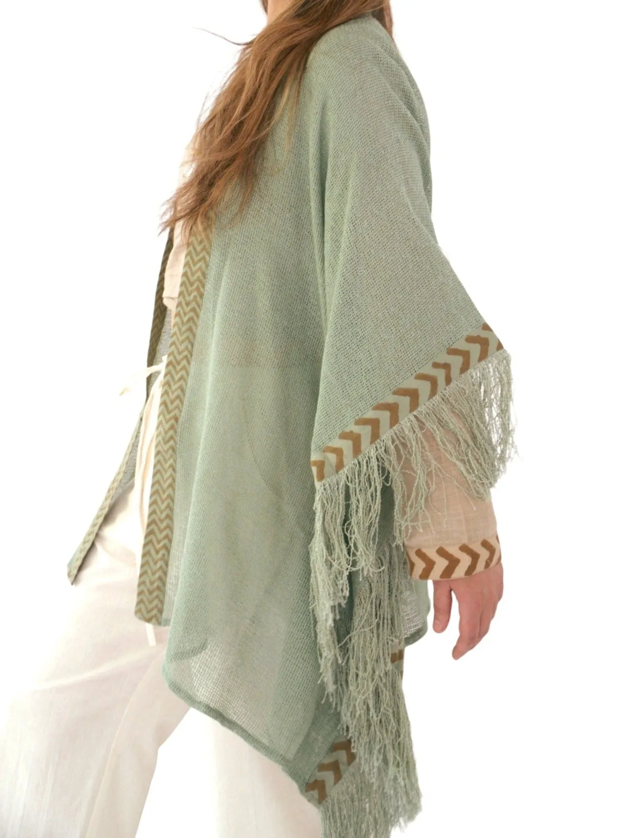 Green Sage Mesh Open Poncho with Fringe