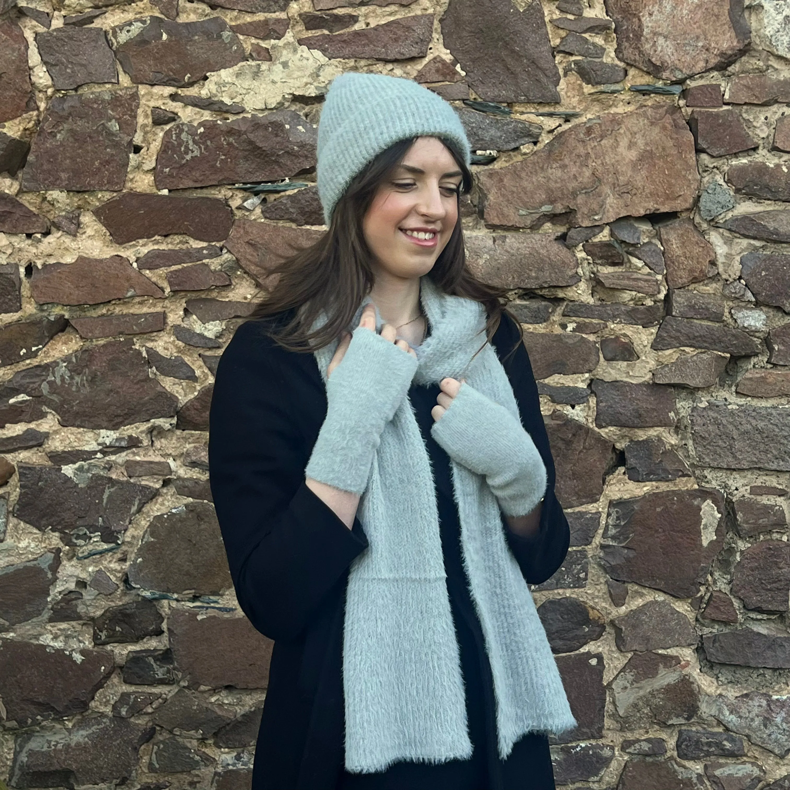 Grey Fluffy Knitted Scarf, Hat & Fingerless Gloves Set