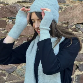 Grey Fluffy Knitted Scarf, Hat & Fingerless Gloves Set