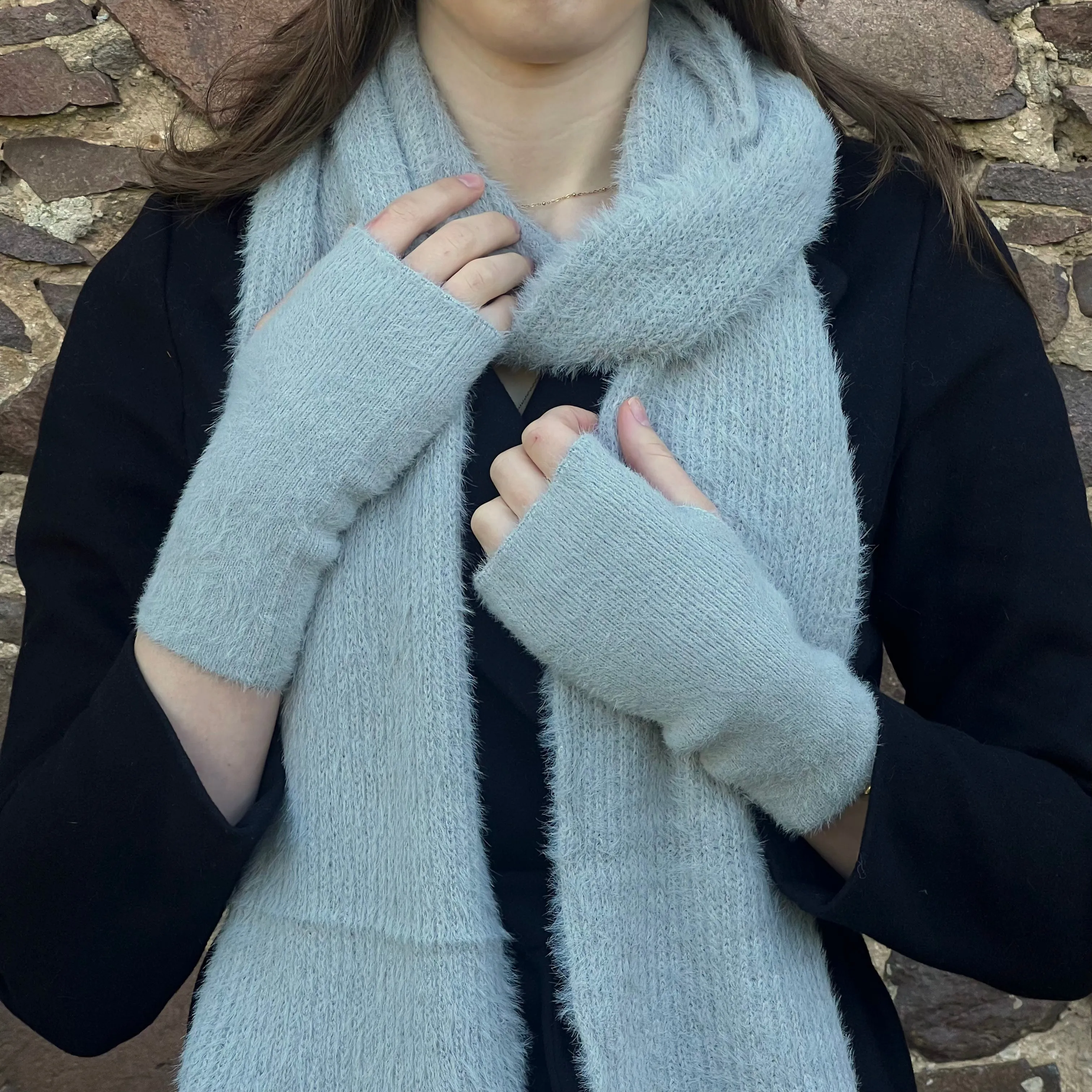 Grey Fluffy Knitted Scarf, Hat & Fingerless Gloves Set