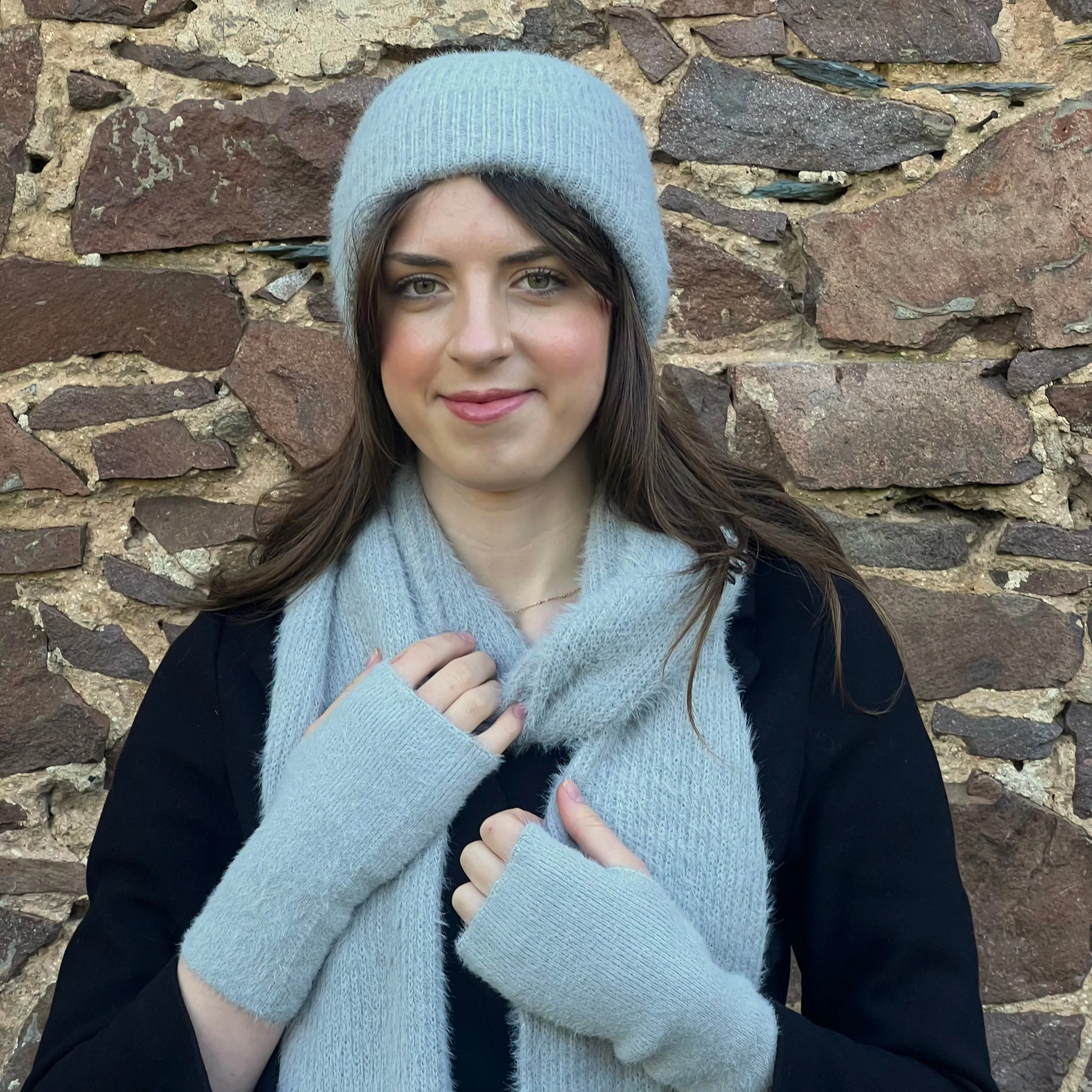 Grey Fluffy Knitted Scarf, Hat & Fingerless Gloves Set