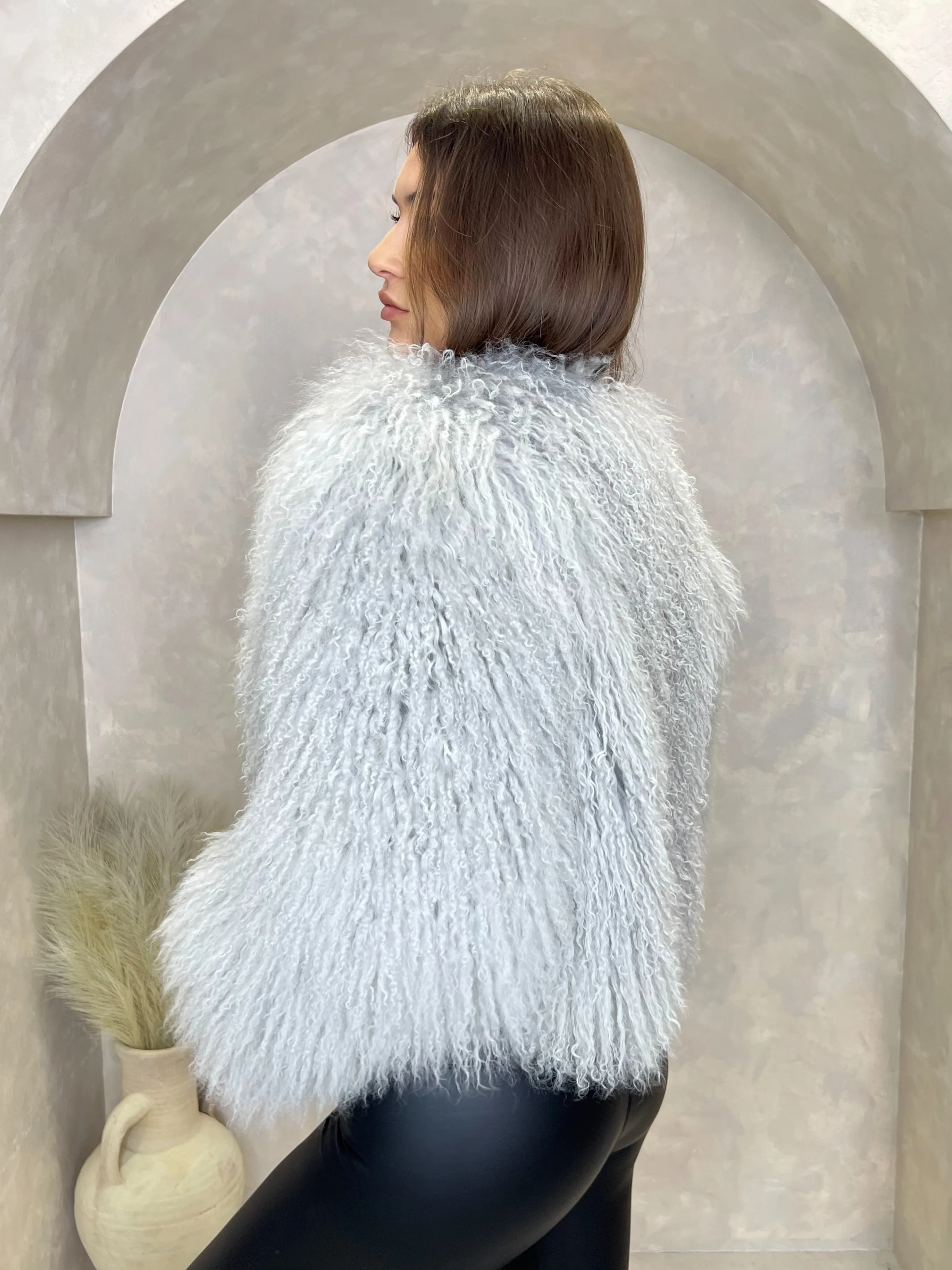 Grey Luxury Mongolian Lamb Fur Coat