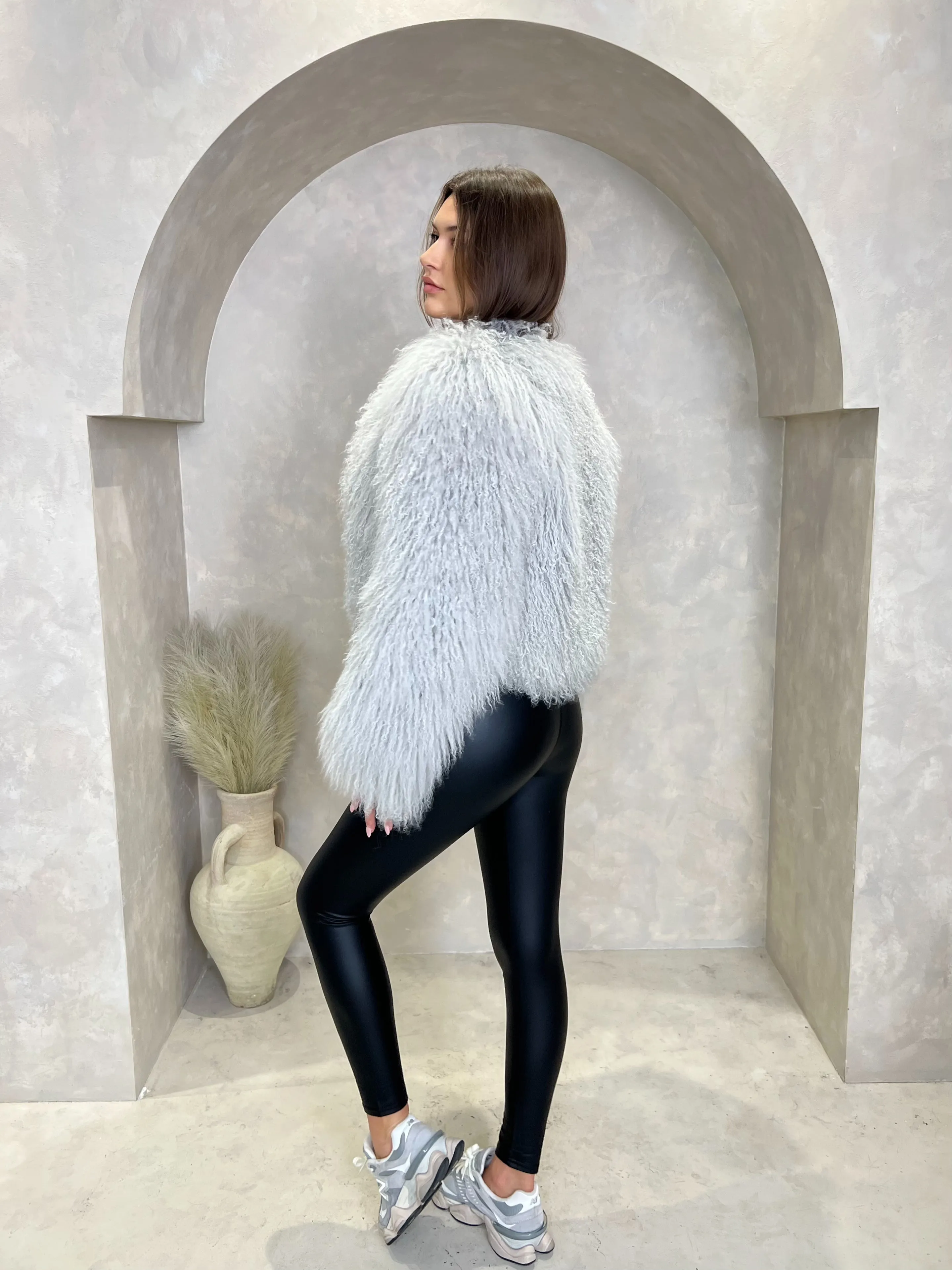 Grey Luxury Mongolian Lamb Fur Coat